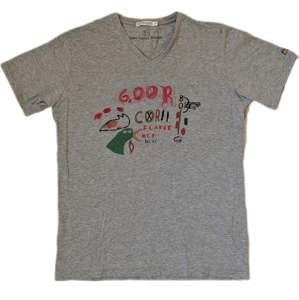 Jean Michael Basquiat X Uniqlo V-Neck Cornflake Tee, Medium, Grey